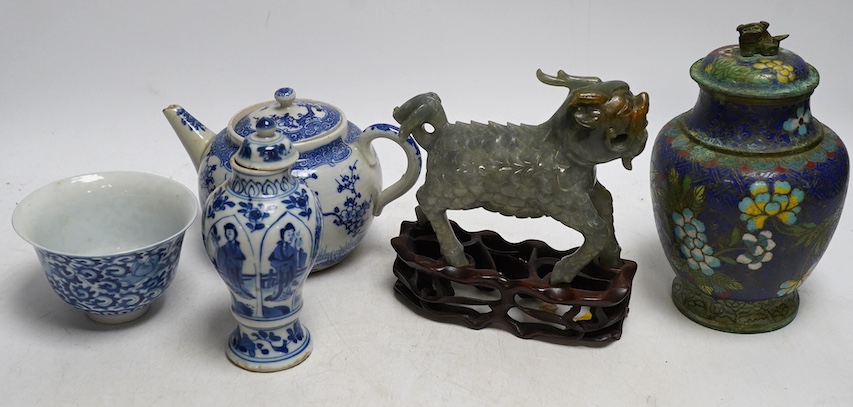 A group of Chinese and Japanese items to include a Kangxi miniature blue and white vase and matched cover, a blue and white cup and a cloisonné jar and cover, tallest 16cm. Condition - varies